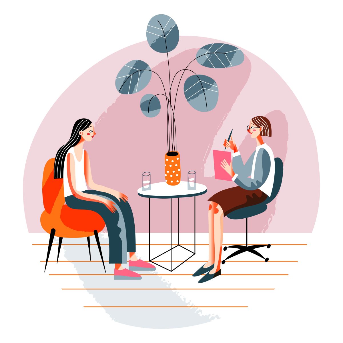 Sad woman in psychotherapy session with therapist, unhappy girl feeling loneliness, grief, anxiety or sorrow. Mental health and support, professional psychological help.